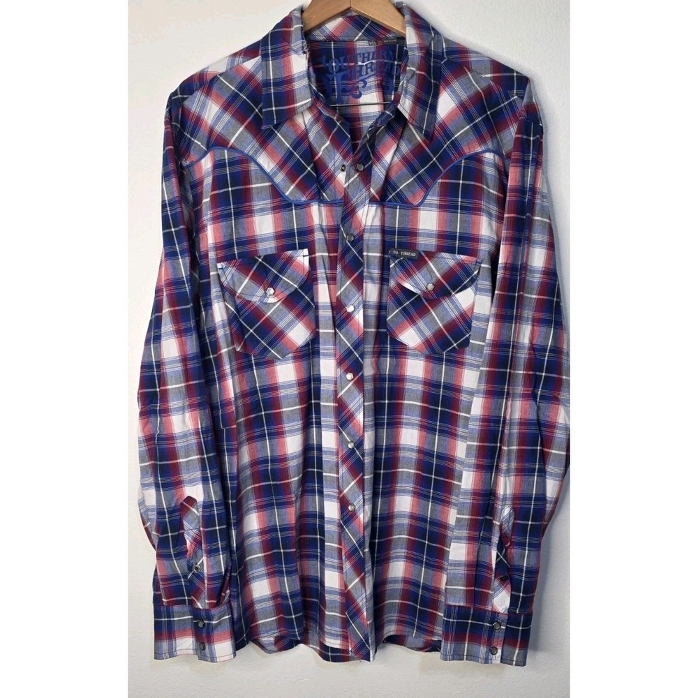 New Southern Thread Shirt Men‎ XXL Plaid Western Pearl Snap Rodeo Red Blue